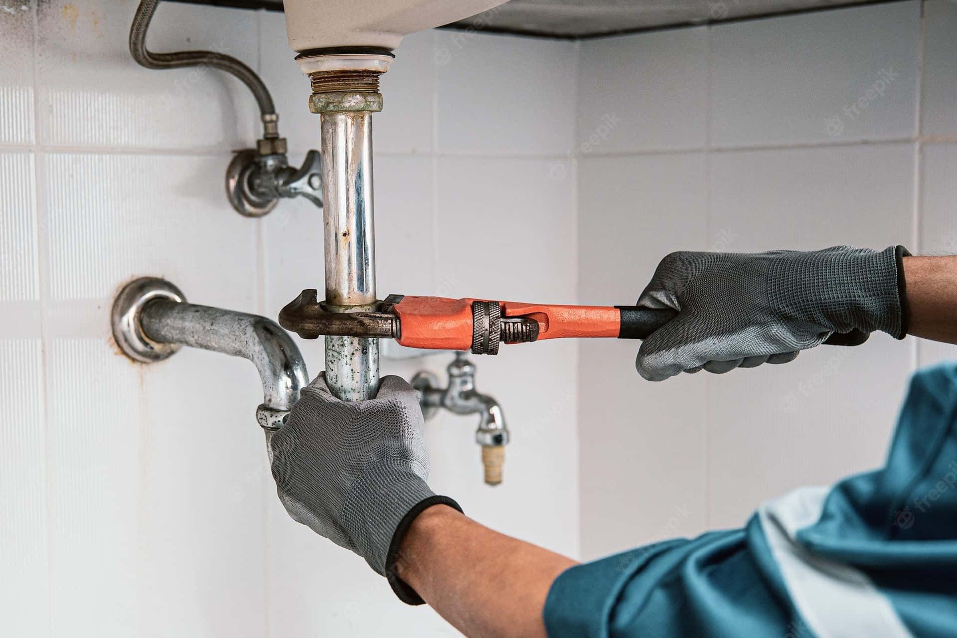 Plumber fixing a leaking pipe under a sink.”